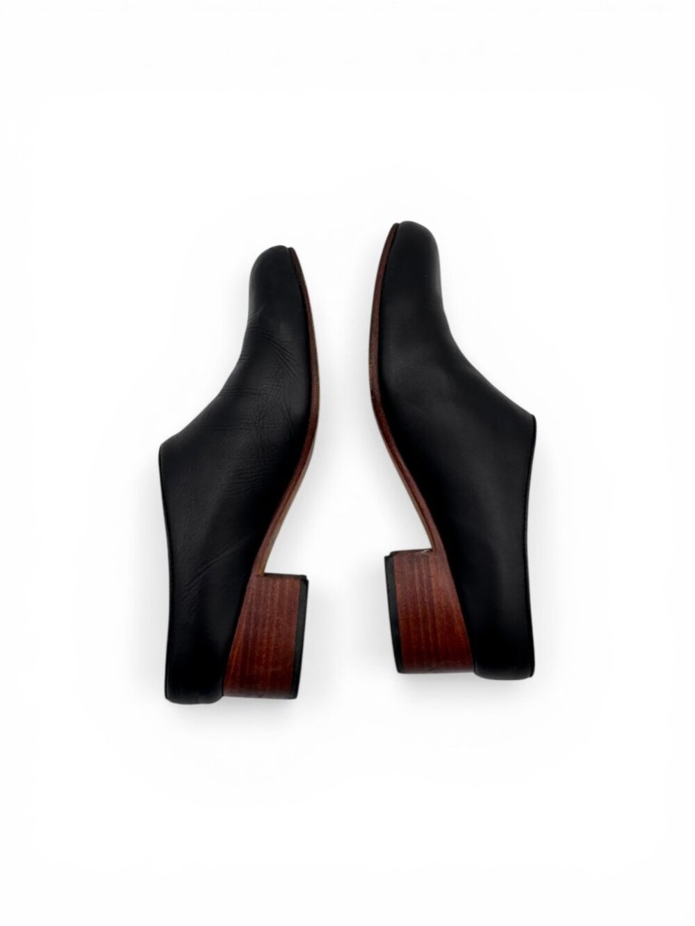 NISOLO Sofia Slip-On Mule Size 6.5 Black Leather, Brown Wooden Heel